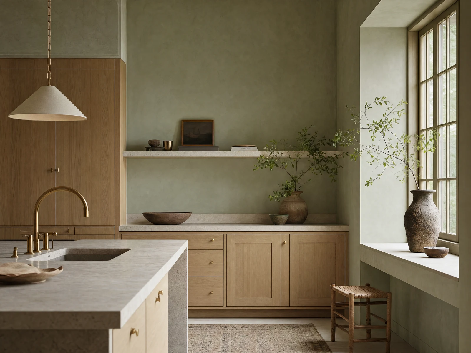 Illustrative concept: Minimal oak kitchen with soft stone and sage details